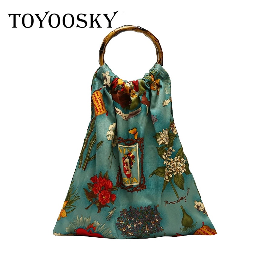 

TOYOOSKY women bamboo handle bag 2019 Summer printed Women Handbags Vintage Bamboo Bag canvas shopping bags shoulder soft tote