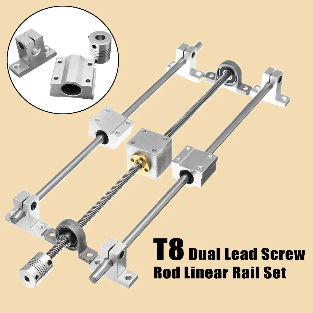  Horizontal Shaft 350mm T8 Dual Rail Lead Screw Rod Linear Coupling Support Guide & Lead Screw RodSe