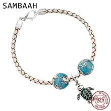 Sambaah 3 мм цепь итальянский плетеный кожаный браслет с черепахами с 925 пробы серебро Мирового океана подвески для летний браслет