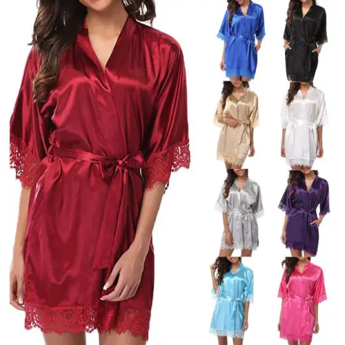 

New Women's Satin Silk Sleepwear Nightdress Lingerie Night Wear Ladies Solid Lace Patchwork Bandage V-neck Clothing