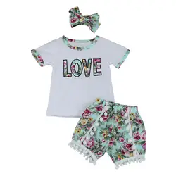 2018 летние Grils "костюмы модные милые Одежда для детей; малышей; девочек футболки с надписями топы + шорты с цветочным принтом брюки одежда P3