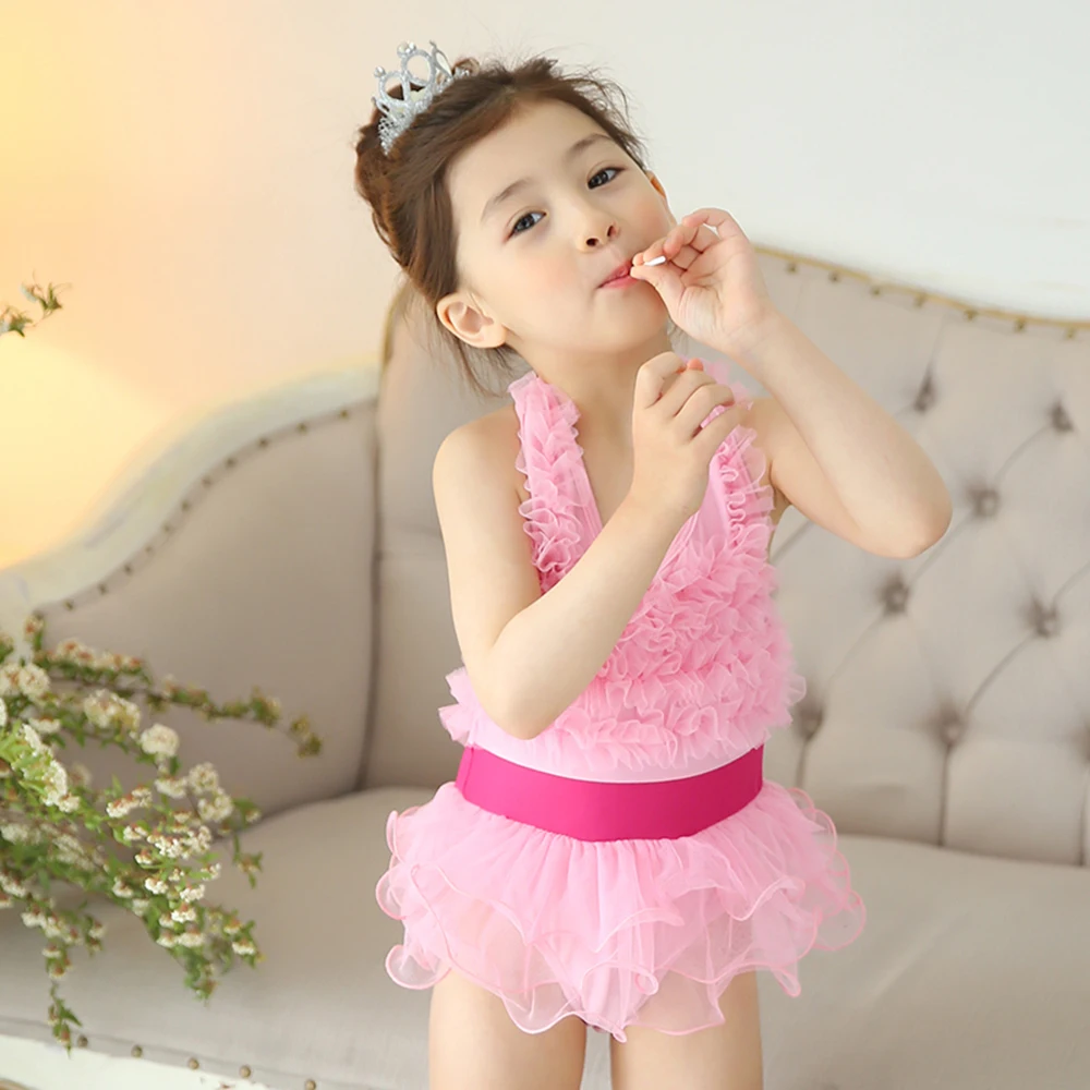 

Baby Girls Swimsuit One piece- swimwear Bow Pink Lace Skirt Open Back Beach Swimming Wear Sleeveless Dress With Hat