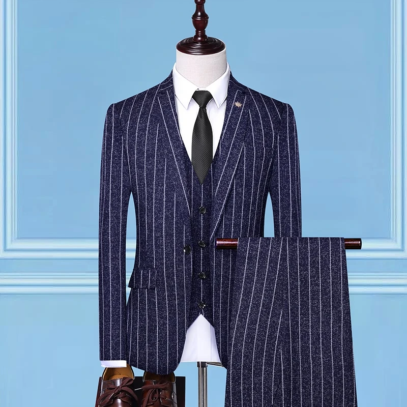 Пиджак+ жилет+ брюки) мужской костюм Модный Полосатый Свадебный костюм жениха/мужской повседневный деловой костюм с брюками жилет - Цвет: Navy blue