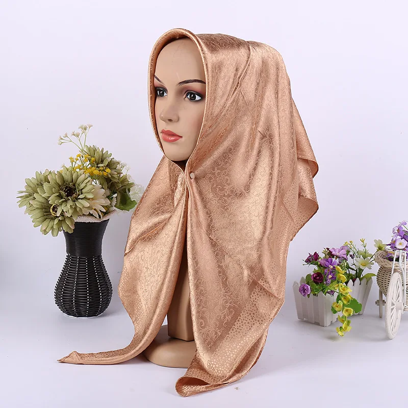 Модной атласной жаккард мусульманский шарф металлический шарф Обёрточная бумага тюрбан в стиле ретро с квадратным хиджабы Исламской Для женщин платок с капюшоном Размер 90x90 см
