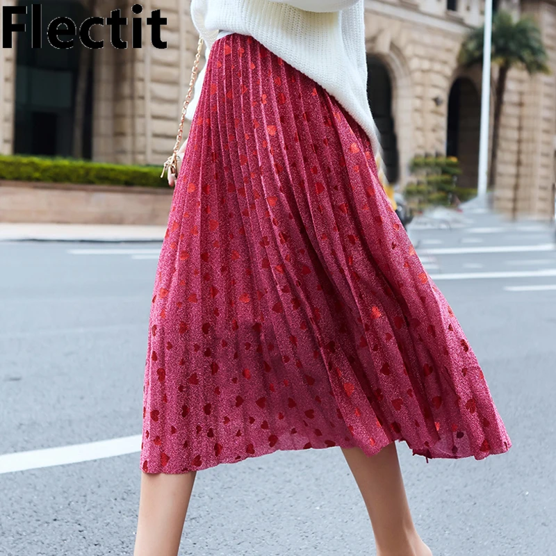 Flectit Heart Print Glitter Pleated Skirt Vintage Metallic Thread High