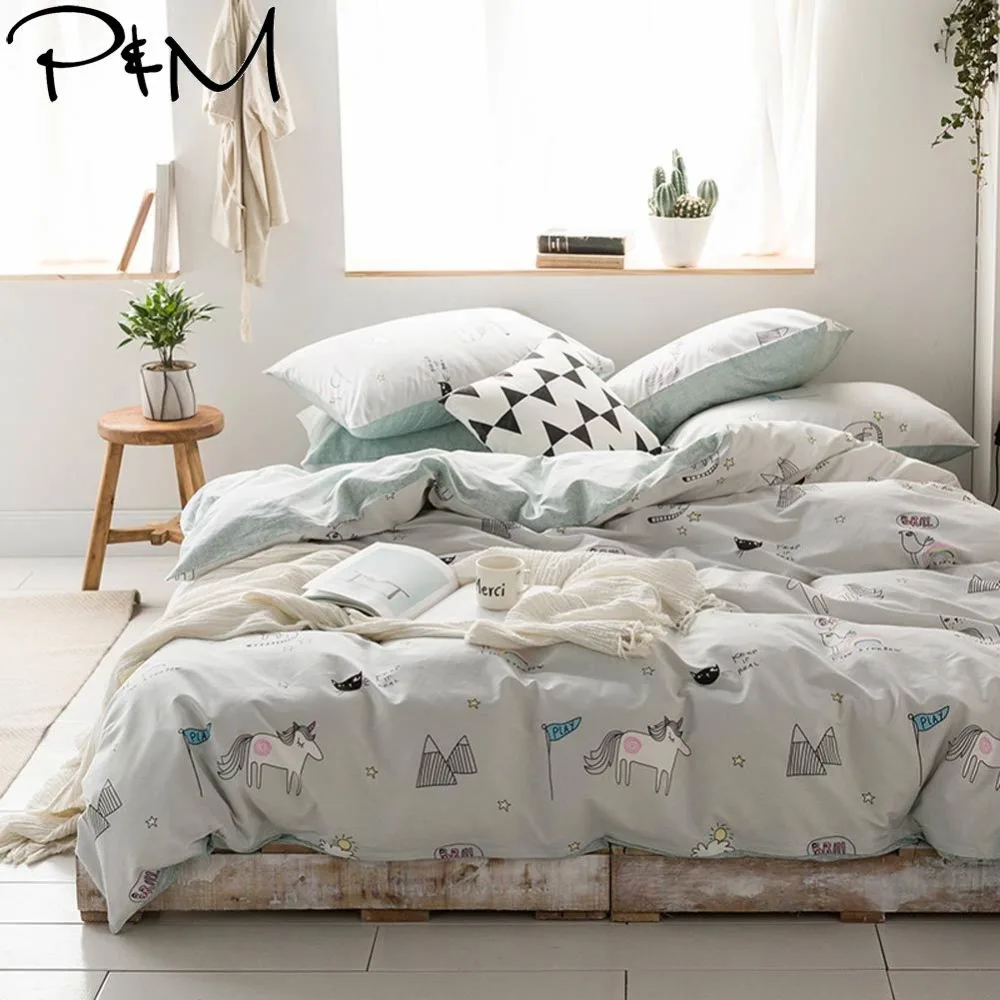 2019 Papa Mima Cartoon Unicorns Light Grey Bedlinens Twin Queen