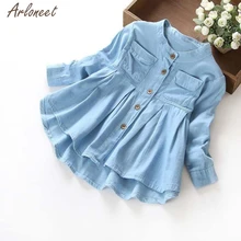 Однотонная джинсовая футболка с длинными рукавами и рюшами для маленьких девочек, топы, блузка, одежда, MAR6