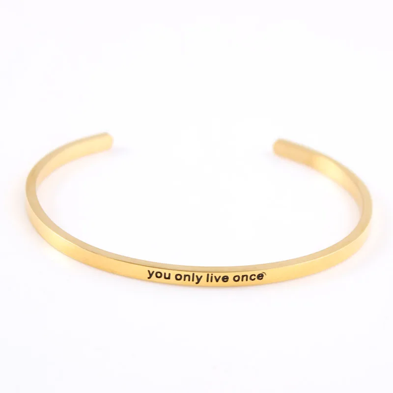 

5Pcs/lot Inspirational Bracelets Stainless Steel Engraved Words " you only live once" Cuff Mantra Bangles For Women