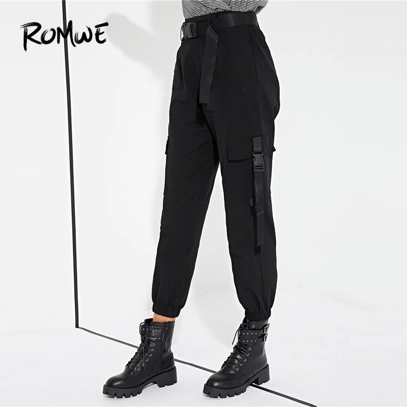 ROMWE Woman Black Crop Cargo Utility Pants With Slashes Fashion Belt High Waist Pockets Detail Pants Spring Casual Trousers