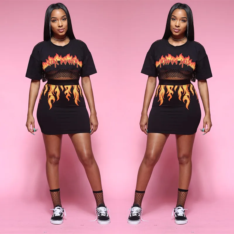 Summer 2018 2 Piece Set Dresses Women Fire Flame Print