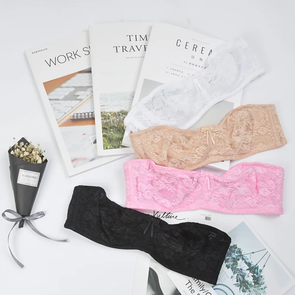 Бюстгальтер женский кружевной без косточек подкладки|strapless lace bra|lace brano pad |