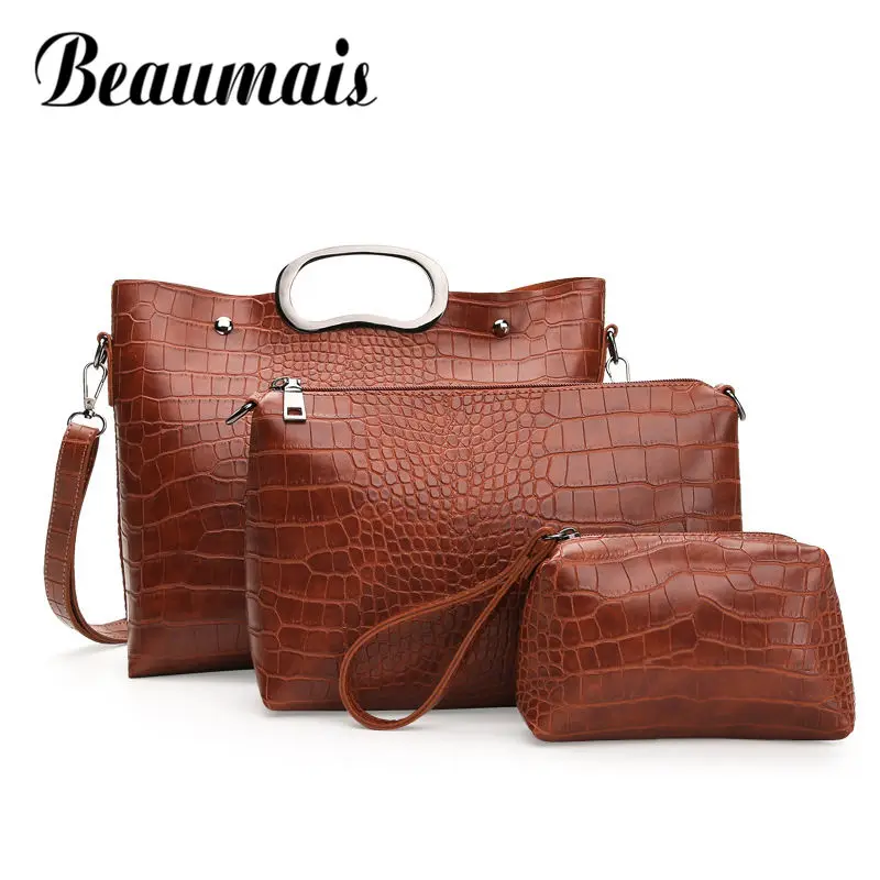 

Beaumais Women Leather Shoulder Bags Luxury Brand Crocodile Pattern Handbags Women Bag Set 3 Pieces Female Messenger Bags DF0096