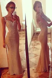 Блестящие золотые блестящее вечернее платье Русалка Тонкий полной длины Длинные вечерние платья с бисером Кристалл Африканское вечернее