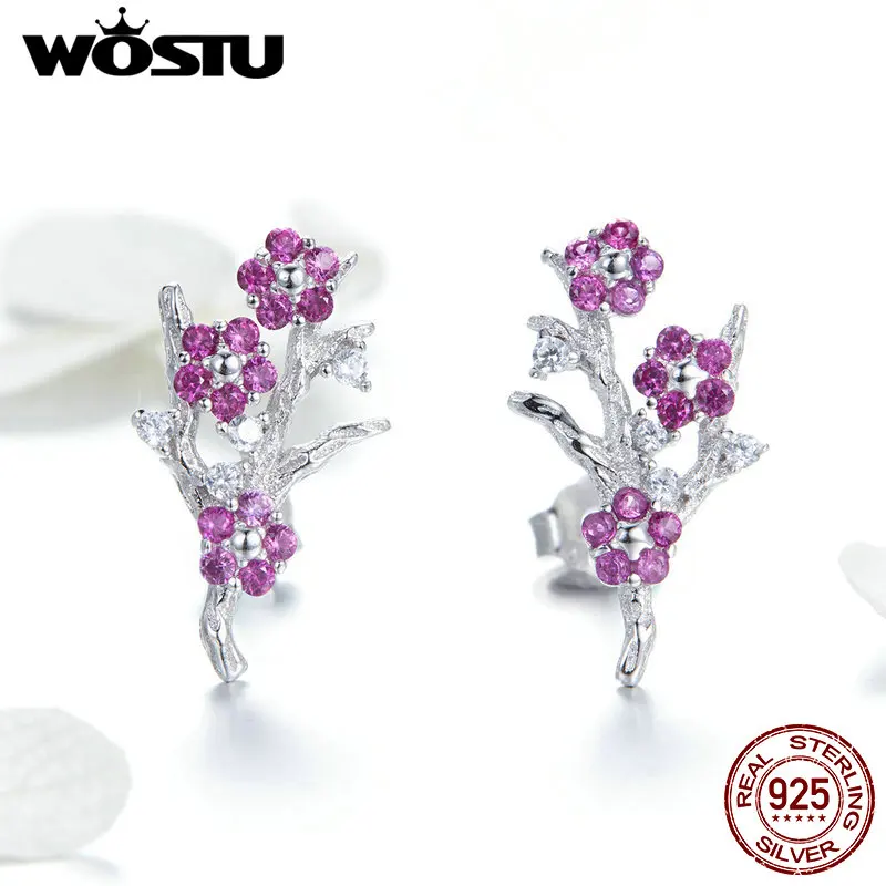 Женские серьги гвоздики с цветком сливы WOSTU из стерлингового серебра 925 пробы в