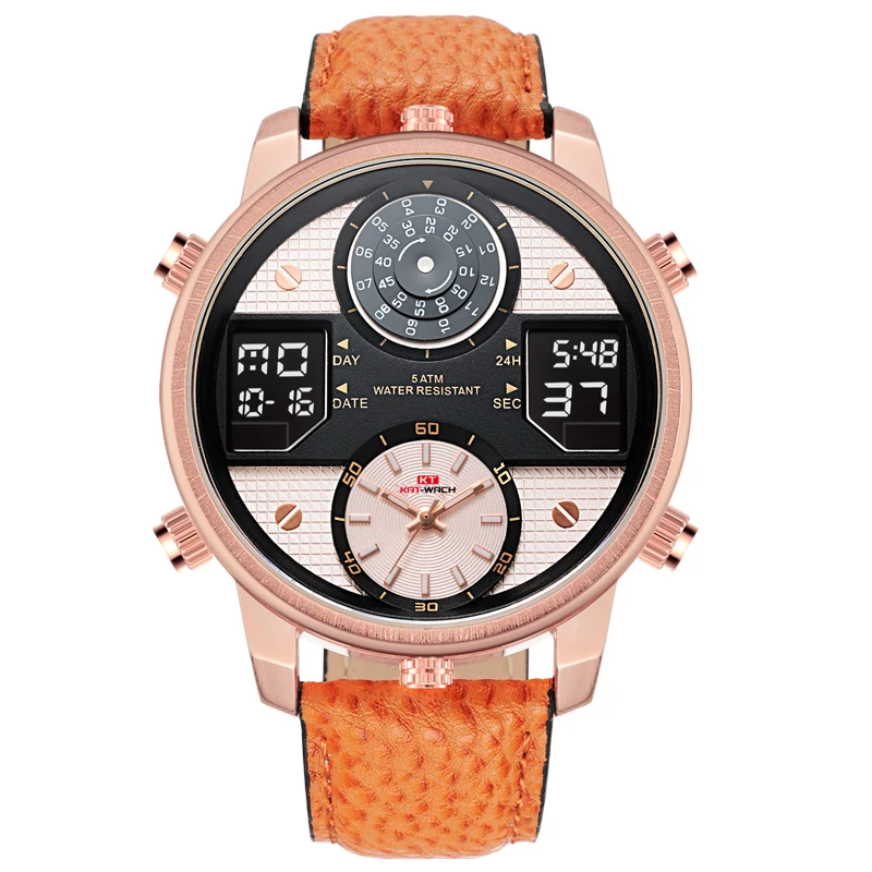 

2018 New Rose Gold Watch Analog Digital Function Chronograph Man Watch With Genuine Leather Strap Waterproof Hand Watch