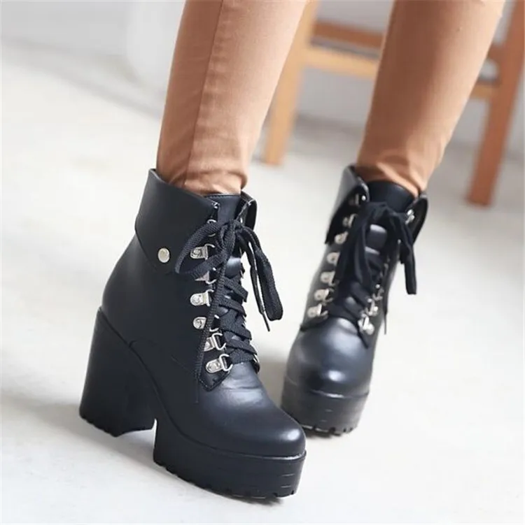 

PXELENA Rome Rivet Combat Martin Boots Women Thick Square Heel Platform Biker Motorcycle Shoes Chunky Block Heel Punk Goth Boots