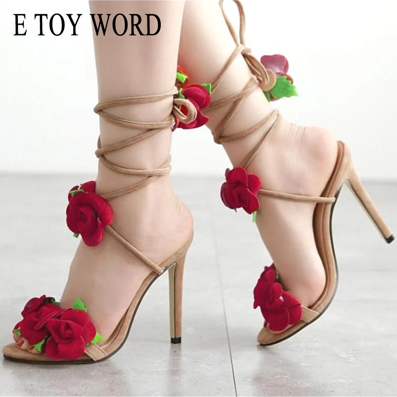 

E TOY WORD high heel Sandals red rose flower Cross Bandage Sandals large size womens shoes 42 yards women Sandals