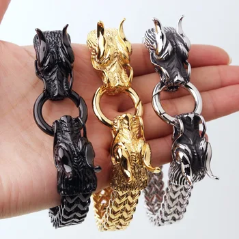 

New Gift Heavy 316L Stainless Steel Silver Color/Gold/Black Double Dragon Flat Figaro Chain Bracelet Men's Jewelry Bangle 8.66"