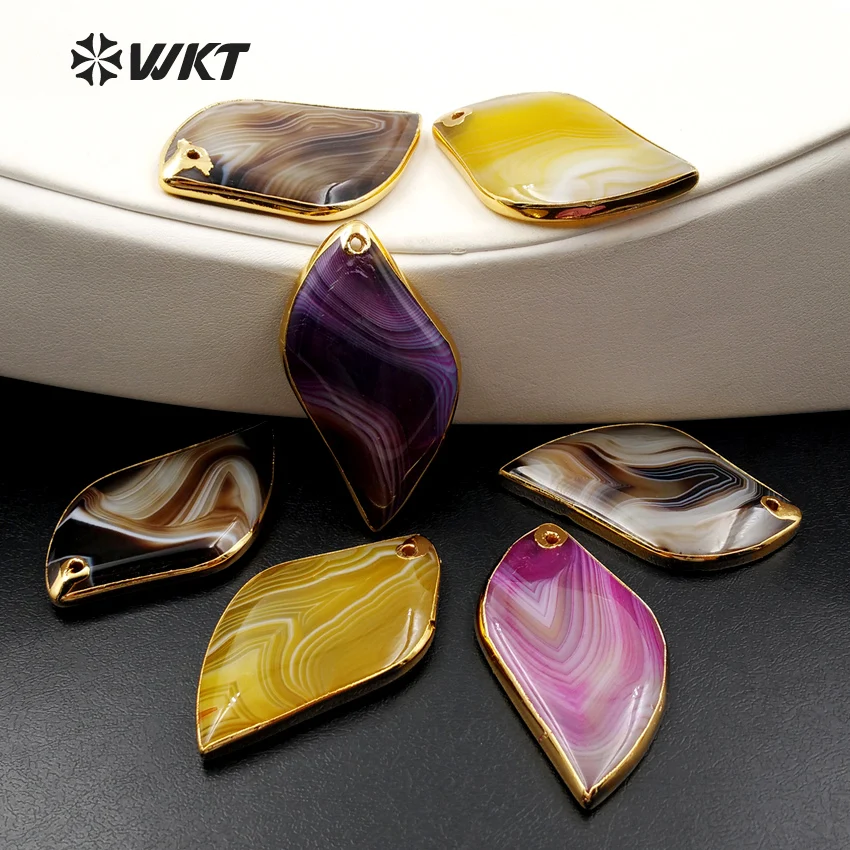 

WT-P1170 Wholesale Custom Colorful Unique Shape Slice A g a t e Pendant With Gold Hole For Fashion Jewelry New Arrived