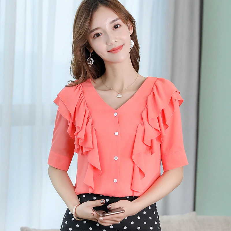 2019 nueva camisa de Primavera Verano Blusas de mujer Oficina Coreana moda Tops elegantes cuello en V Blusas de raso camisa de manga corta| Blusas y camisas| - AliExpress