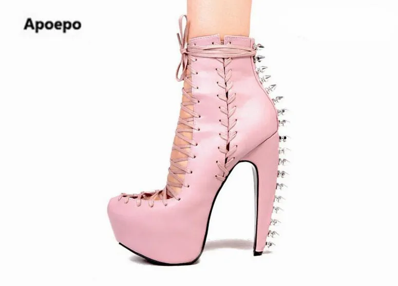 Newest new woman boots high heel boots strange heel bots high platform bot woman front lace-up rivets decorated woman boots Newest new woman boots high heel boots strange heel bots high platform bot woman front lace-up rivets decorated woman boots