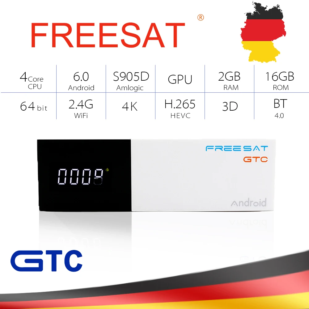 

FREESAT gtmedia GTC Android 6.0 TV BOX DVB-T2/S2/Cable/ISDBT Amlogic S905D 2GB RAM 16GB ROM freesat + 1 year free CCcam IPTV