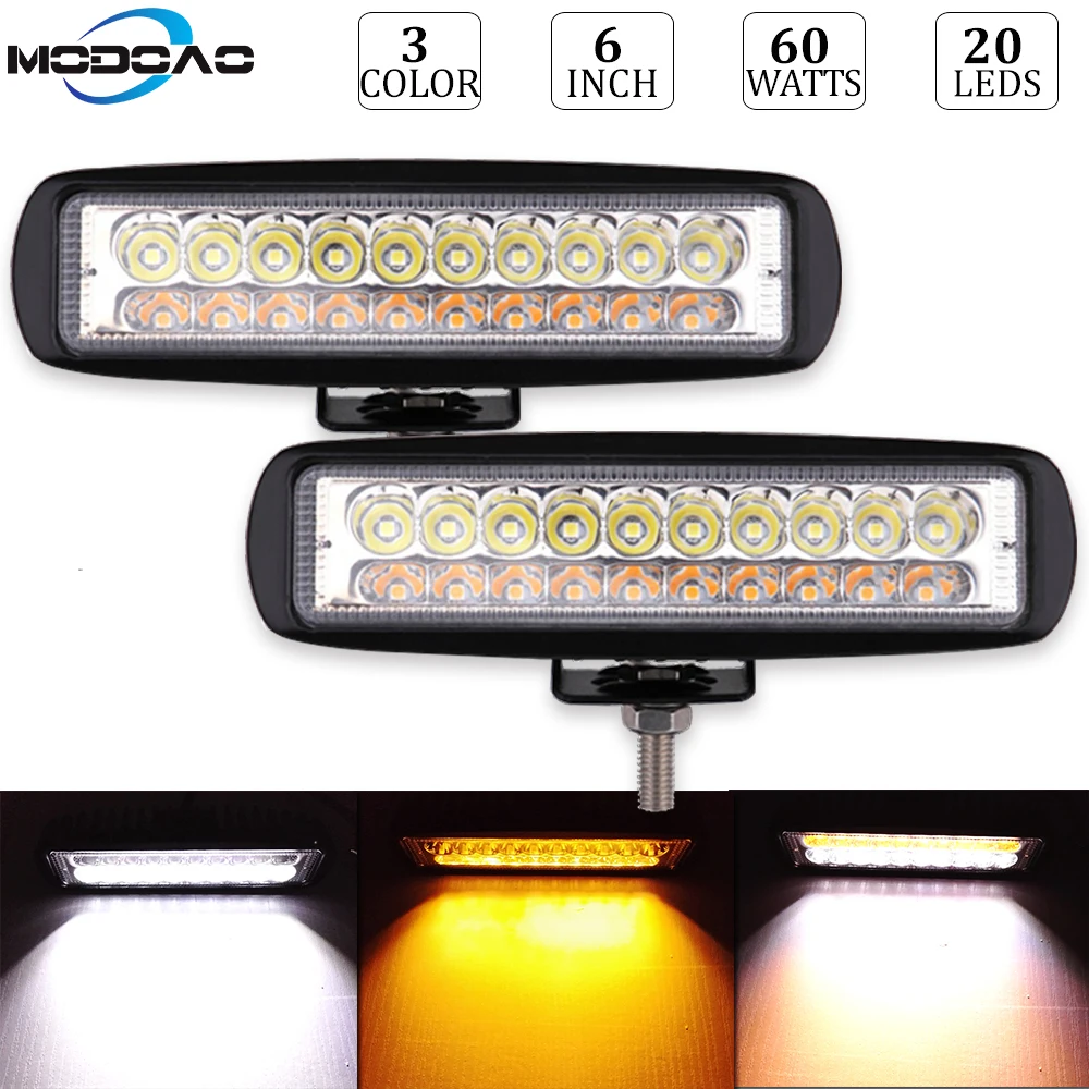 

60W Led Work Light Bar 6Inch Dual Color Amber White Yellow Fog Lamp Driving Work Headlight Flood Spot Fog Golde Lamp Car Styling