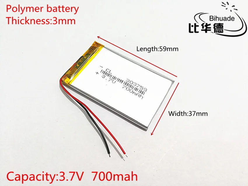 

3.7V 700mAh 303759 Lithium Polymer Li-Po li ion Rechargeable Battery cells For Mp3 MP4 MP5 GPS PSP mobile bluetooth