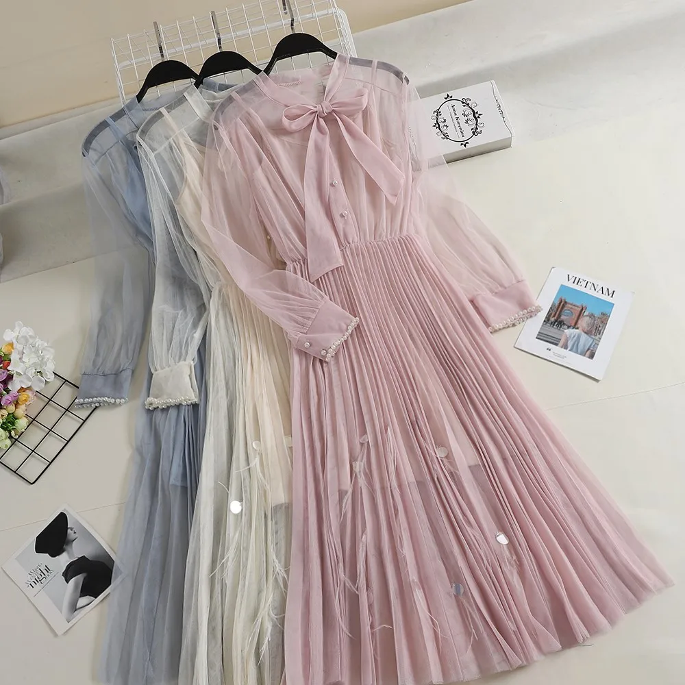 Young Gee Spring Princess Sweet Dress Lace Bow Collar Lantern Pearls Beading Sleeve Women Floral Pleated Party Dresses vestidos