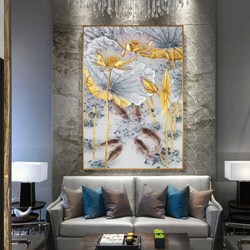 

Nordic Style Canvas Prints Abstract Gold Lotus Flower Home Decor Painting Poster Wall Art Modular Picture For Bedside Background