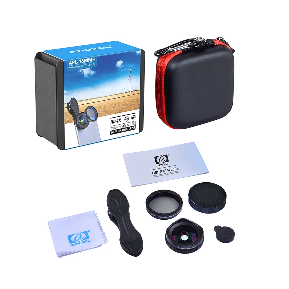 mobile phone camera lens APEXEL Pro Camera Lens Kit 16mm 4k Wide Angle Lens with CPL Filter Universal HD Mobile Phone Lens for iPhone 7 6S Plus Xiaomi best mobile lens for photography