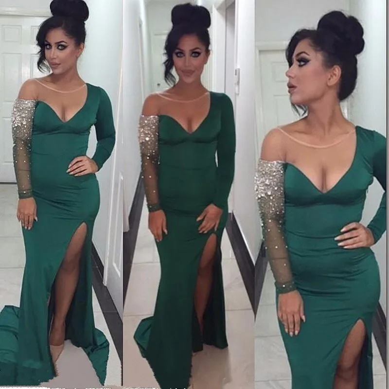 Vestidos-De-Gala-Dark-Green-Prom-Dresses-High-Slit-Scoop-Sheer-Neck-Beaded-Long-Sleeves-Mermaid