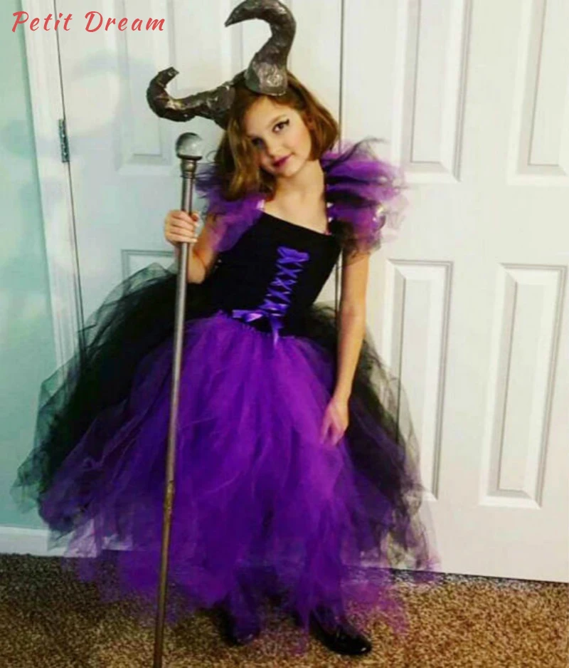 

Petit Dream Purple and Black Kids Girls Witch Cosplay Dresses Maleficent Villain Toddler Baby Girls Tutu Dress Party Costume