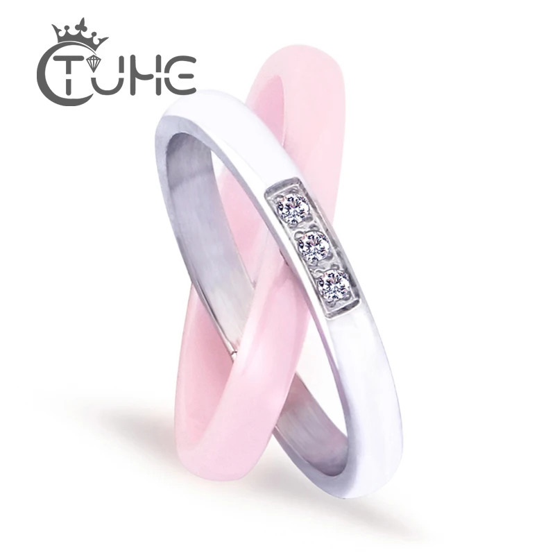 New Stainless Steel Ceramic Pink Round Zircon Ring For Women Girl Wedding Fashion Jewelry Engagement Promise Double Finger Rings