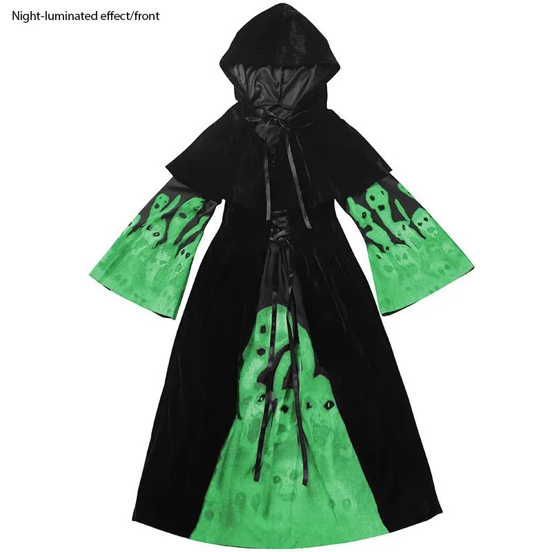 

Halloween Dark Glow Skeleton Ghost Face Horror Costume Child Girls Night Hooded Gown Dress Evil Witch Scary Ghoul Outfit For Kid
