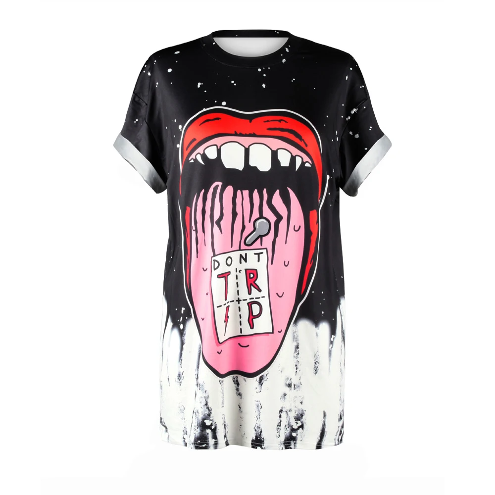 Nuevas mujeres más tamaño largo longitud Camisetas 3d impresión boca diseño o-cuello Punk t-shirt mujeres Harajuku Camisetas Tops