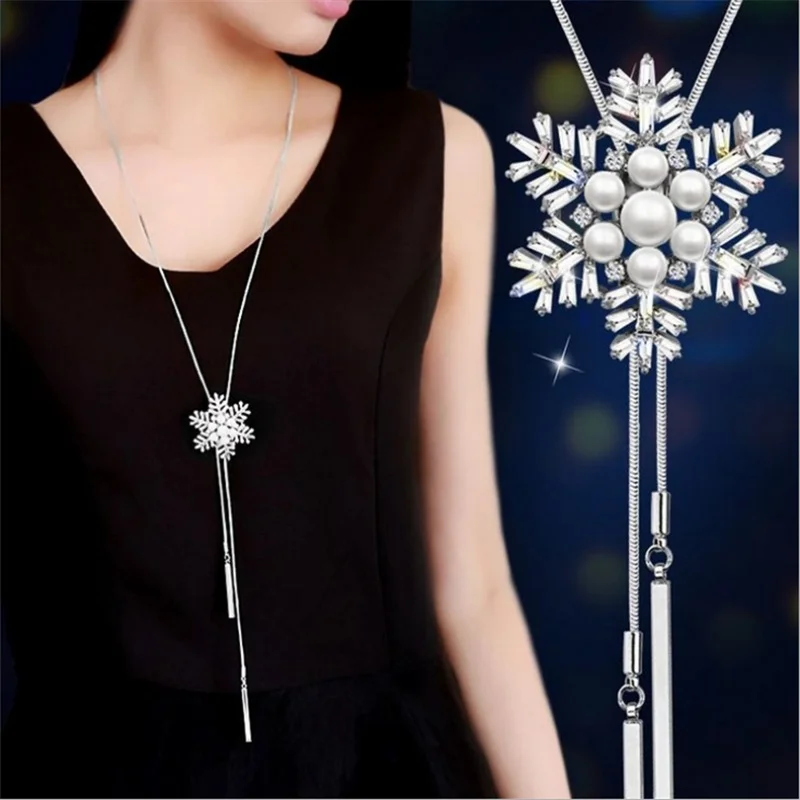 

Zircon Snowflake Long Necklace Sweater Chain For Women Fashion Metal Chain Crystal Flower Pendant Necklaces Femme Bijoux Gifts