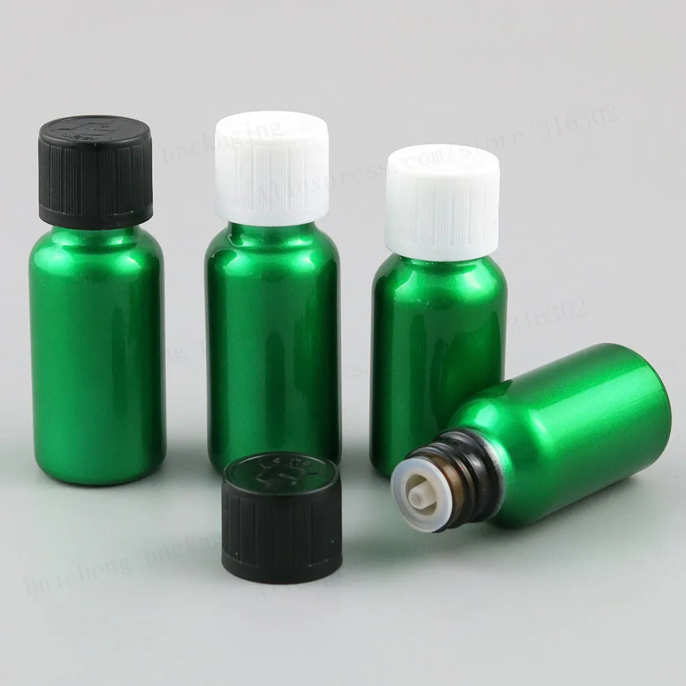 

15ml 20ml Refillable Green Glass Essential Oil Bottles 1/2OZ 2/3OZ Containers With White Black Childproof cap 12pcs