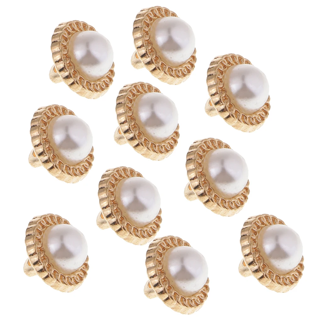 10 Pieces Round Crystal Faux Pearl Shank Buttons Costume Sewing Crafts Golden 10mm