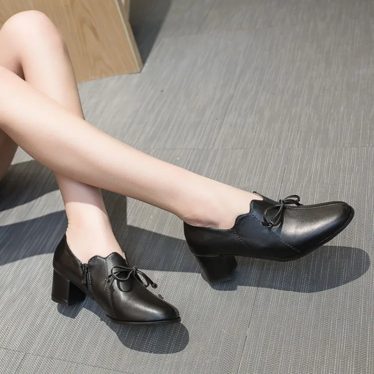 

Big Size11 12 13 14 ladies high heels women shoes woman pumps Square-headed thick-heeled bow-tied retro deep-mouthed shoes