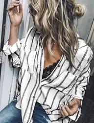 2018 осень Для женщин Мода Рубашка в полоску с карманами Блузка с длинными рукавами женские офисные блузки Топы туники Blusa Feminina SJ416M