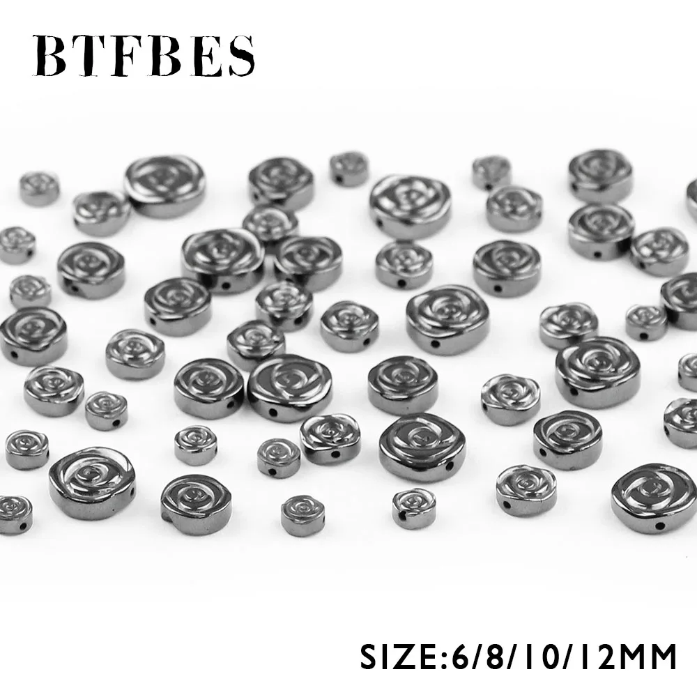 

BTFBES Black Hematite Roses Flowers Natural Stone Flat Round Provide 6/8/10/12MM Interval Loose Beads Jewelry Accessories Making