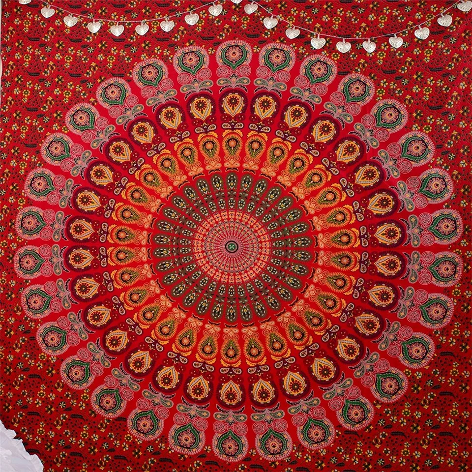 Гобелен в виде Красной мандалы павлина, Настенный декор, индийское пляжное одеяло, прямоугольное богемное покрывало, 148x200 см