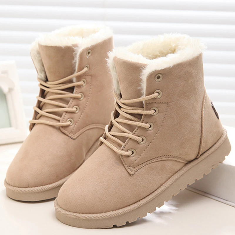 

Shoes Women Snow Boots Winter Suede Flock Ankle Boots Female Warm Fur Insole Lace-Up Non-Slip Botas Mujer Platform Shoes Woman
