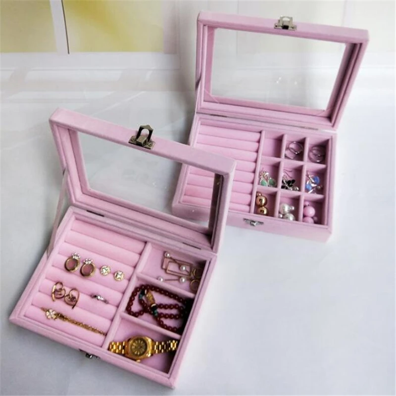 

Velvet Jewelry Box Makeup Holder Case Women Jewelery Storage Organizer Display Rings Earrings Necklaces Carrying Case Gray/Pink