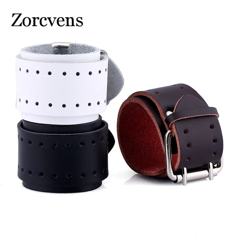 

ZORCVENS 2019 New Fashion Vintage Genuine Leather Bracelets Brown Black White Punk Wide Cuff Bracelets & Bangles for Women Men
