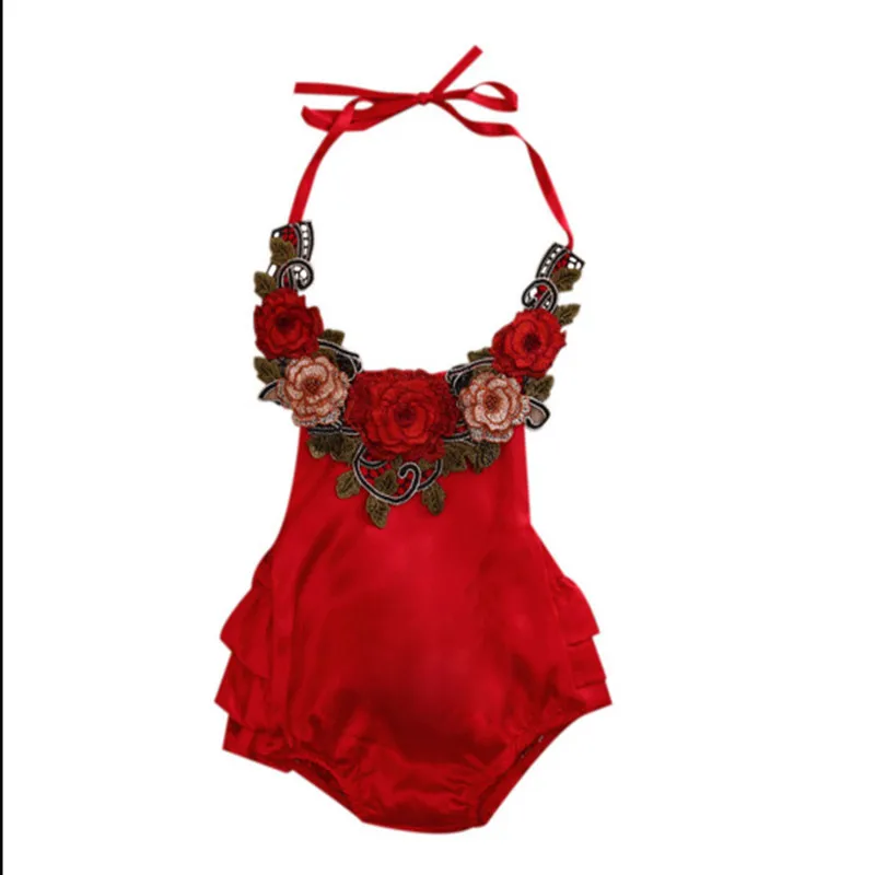 Summer Baby Clothes Big Flower Embroider Ruffle Baby Girls Bodysuit Halter Soft Satin Baby Girls Outfit Floral Kids Clothes  (3)