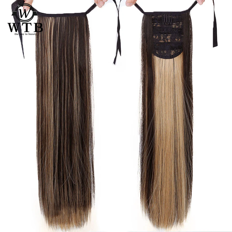 WTB Synthetic long straight hair red brown black Hair Heat Resistant Ribbon Drawstring Ponytail Pieces Extension