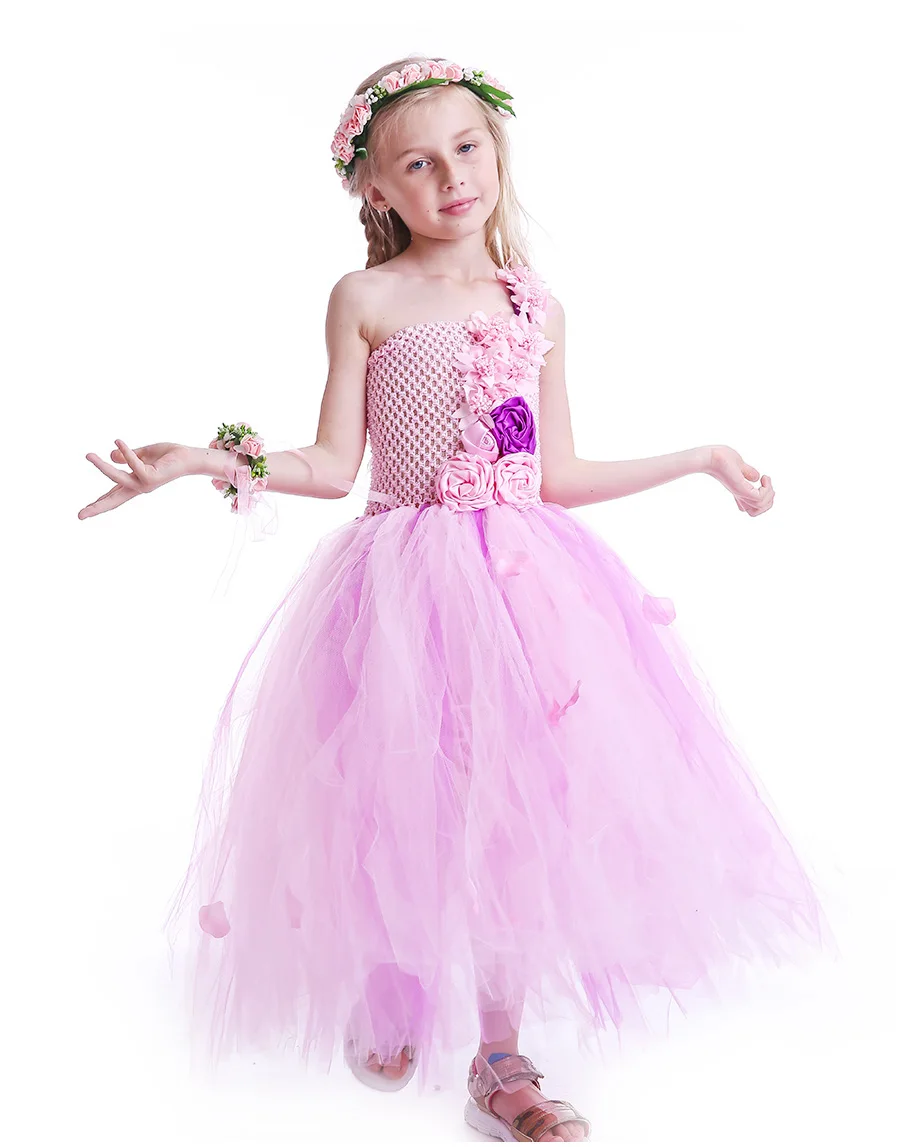 Pink and Purple Flower Girl Tutu Dress Kids Pink Petals Birthday Wedding Party Dress Boutique Handwork Girls Ball Gowns (8)