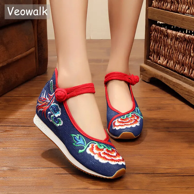 Veowalk Ankle Buckle Women's Canvas Embroidered Flat Platforms Denim Cotton Fabric Embroidery Ladies Hidden Thick Bottom Shoes